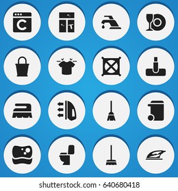 Set Of 16 Editable Hygiene Icons. Includes Symbols Such As Washing Glass, Appliance, Restroom And More. Can Be Used For Web, Mobile, UI And Infographic Design.