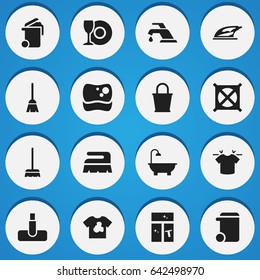 Set Of 16 Editable Hygiene Icons. Includes Symbols Such As Washing Glass, Whisk, Dustbin And More. Can Be Used For Web, Mobile, UI And Infographic Design.