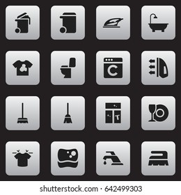 Set Of 16 Editable Hygiene Icons. Includes Symbols Such As Dustbin, Plate, Steam And More. Can Be Used For Web, Mobile, UI And Infographic Design.