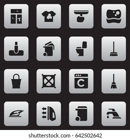 Set Of 16 Editable Hygiene Icons. Includes Symbols Such As Hoover, Unclean Blouse, Pail And More. Can Be Used For Web, Mobile, UI And Infographic Design.