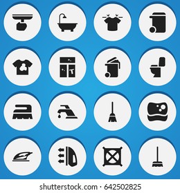 Set Of 16 Editable Hygiene Icons. Includes Symbols Such As Dustbin, Clean T-Shirt, Bathroom And More. Can Be Used For Web, Mobile, UI And Infographic Design.