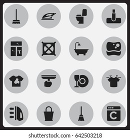 Set Of 16 Editable Hygiene Icons. Includes Symbols Such As Bathroom, Hoover, Washing Tool And More. Can Be Used For Web, Mobile, UI And Infographic Design.