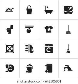 Set Of 16 Editable Hygiene Icons. Includes Symbols Such As Appliance, Faucet, Unclean Blouse And More. Can Be Used For Web, Mobile, UI And Infographic Design.