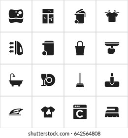 Set Of 16 Editable Hygiene Icons. Includes Symbols Such As Sweep, Washing Tool, Container And More. Can Be Used For Web, Mobile, UI And Infographic Design.