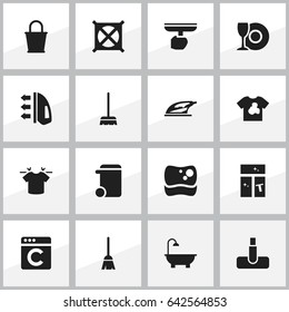 Set Of 16 Editable Hygiene Icons. Includes Symbols Such As Bathroom, Plate, Dustbin And More. Can Be Used For Web, Mobile, UI And Infographic Design.