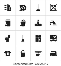 Set Of 16 Editable Hygiene Icons. Includes Symbols Such As Brush, Broomstick, Unclean Blouse And More. Can Be Used For Web, Mobile, UI And Infographic Design.