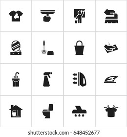 Set Of 16 Editable Hygiene Icons. Includes Symbols Such As Brush, Clean T-Shirt, Pulverizer And More. Can Be Used For Web, Mobile, UI And Infographic Design.