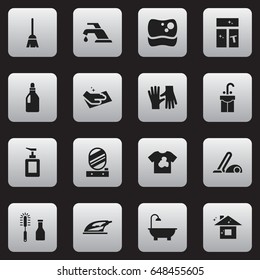 Set Of 16 Editable Hygiene Icons. Includes Symbols Such As Unclean Blouse, Wall Mirror, Sink And More. Can Be Used For Web, Mobile, UI And Infographic Design.