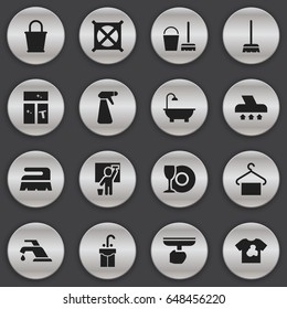Set Of 16 Editable Hygiene Icons. Includes Symbols Such As Cleaning Man, Plate, Cleaning Kit And More. Can Be Used For Web, Mobile, UI And Infographic Design.