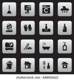 Set Of 16 Editable Hygiene Icons. Includes Symbols Such As Hoover, Wall Mirror, Laundry Detergent And More. Can Be Used For Web, Mobile, UI And Infographic Design.