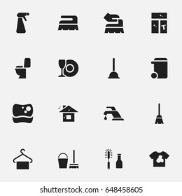 Set Of 16 Editable Hygiene Icons. Includes Symbols Such As Plate, Scrub, Broomstick And More. Can Be Used For Web, Mobile, UI And Infographic Design.