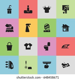 Set Of 16 Editable Hygiene Icons. Includes Symbols Such As Restroom, Bucket With Mop, Pail And More. Can Be Used For Web, Mobile, UI And Infographic Design.
