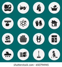 Set Of 16 Editable Hygiene Icons. Includes Symbols Such As Brush, Bucket With Mop, Exhauster And More. Can Be Used For Web, Mobile, UI And Infographic Design.