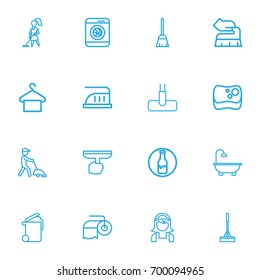 Set Of 16 Editable Hygiene Outline Icons. Includes Symbols Such As Housekeeper, Tidy, Washer Machine And More. Can Be Used For Web, Mobile, UI And Infographic Design.