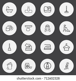 Set Of 16 Editable Hygiene Outline Icons. Includes Symbols Such As Window Cleaner, Dust, Housekeeper And More. Can Be Used For Web, Mobile, UI And Infographic Design.