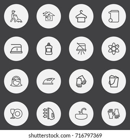 Set Of 16 Editable Hygiene Outline Icons. Includes Symbols Such As Housekeeping, Sink, Iron And More. Can Be Used For Web, Mobile, UI And Infographic Design.