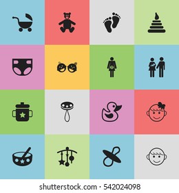 Set Of 16 Editable  Icons. Includes Symbols Such As Merry Children, Lineage, Footmark And More. Can Be Used For Web, Mobile, UI And Infographic Design.