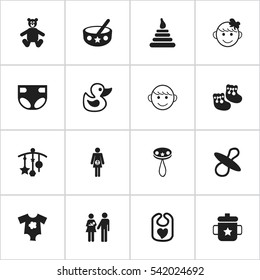 Set Of 16 Editable  Icons. Includes Symbols Such As Pinafore, Teddy, Merry Children And More. Can Be Used For Web, Mobile, UI And Infographic Design.