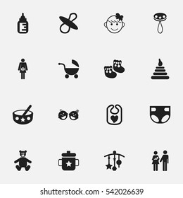Set Of 16 Editable  Icons. Includes Symbols Such As Stroller, Pinafore, Cheerful Child And More. Can Be Used For Web, Mobile, UI And Infographic Design.