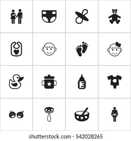 Set Of 16 Editable  Icons. Includes Symbols Such As Nappy, Pregnancy, Cheerful Child And More. Can Be Used For Web, Mobile, UI And Infographic Design.
