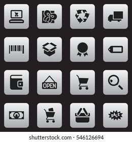 Set Of 16 Editable  Icons. Includes Symbols Such As Explicit, Label, Shopping Bag And More. Can Be Used For Web, Mobile, UI And Infographic Design.
