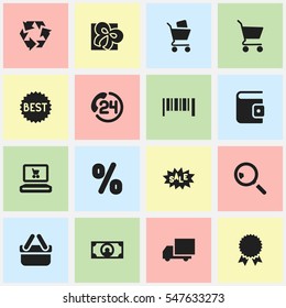 Set Of 16 Editable  Icons. Includes Symbols Such As Wheelbarrow, Delivery, Shopping Case And More. Can Be Used For Web, Mobile, UI And Infographic Design.
