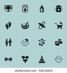 Set Of 16 Editable  Icons. Includes Symbols Such As Shoes For Babies, Small Dresses, Lineage And More. Can Be Used For Web, Mobile, UI And Infographic Design.