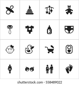 Set Of 16 Editable  Icons. Includes Symbols Such As Stroller, Tower, Twins Babies And More. Can Be Used For Web, Mobile, UI And Infographic Design.