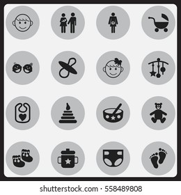 Set Of 16 Editable  Icons. Includes Symbols Such As Stroller, Footmark, Pregnancy And More. Can Be Used For Web, Mobile, UI And Infographic Design.