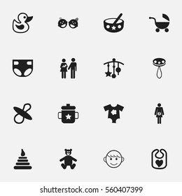 Set Of 16 Editable  Icons. Includes Symbols Such As Teddy, Stroller, Pregnancy And More. Can Be Used For Web, Mobile, UI And Infographic Design.