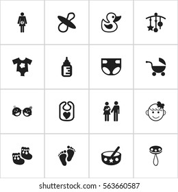 Set Of 16 Editable  Icons. Includes Symbols Such As Adorn, Rattle, Pinafore And More. Can Be Used For Web, Mobile, UI And Infographic Design.