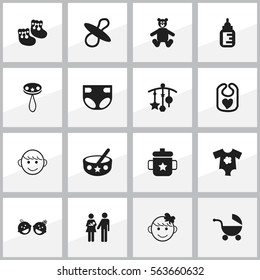 Set Of 16 Editable  Icons. Includes Symbols Such As Small Dresses, Adorn, Nursing Bottle And More. Can Be Used For Web, Mobile, UI And Infographic Design.