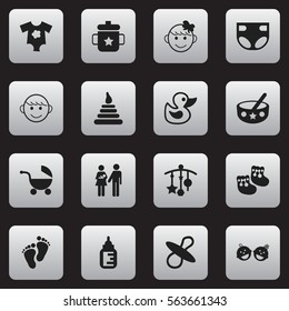 Set Of 16 Editable  Icons. Includes Symbols Such As Adorn, Lineage, Stroller And More. Can Be Used For Web, Mobile, UI And Infographic Design.