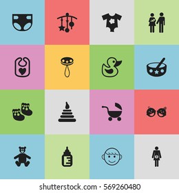Set Of 16 Editable  Icons. Includes Symbols Such As Lineage, Rattle, Stroller And More. Can Be Used For Web, Mobile, UI And Infographic Design.