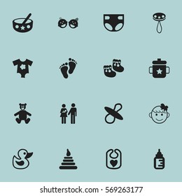 Set Of 16 Editable  Icons. Includes Symbols Such As Footmark, Nursing Bottle, Shoes For Babies And More. Can Be Used For Web, Mobile, UI And Infographic Design.