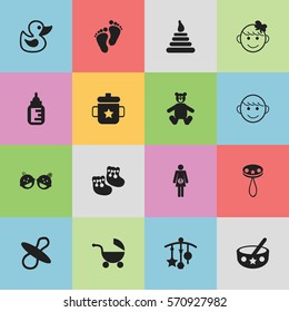Set Of 16 Editable  Icons. Includes Symbols Such As Stroller, Twins Babies, Nursing Bottle And More. Can Be Used For Web, Mobile, UI And Infographic Design.