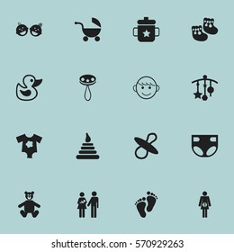 Set Of 16 Editable  Icons. Includes Symbols Such As Rattle, Lineage, Goplet And More. Can Be Used For Web, Mobile, UI And Infographic Design.