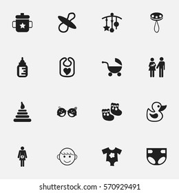 Set Of 16 Editable  Icons. Includes Symbols Such As Bath Toys, Nursing Bottle, Rattle And More. Can Be Used For Web, Mobile, UI And Infographic Design.