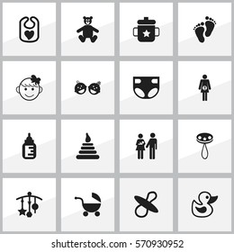 Set Of 16 Editable  Icons. Includes Symbols Such As Cheerful Child, Pinafore, Rattle And More. Can Be Used For Web, Mobile, UI And Infographic Design.