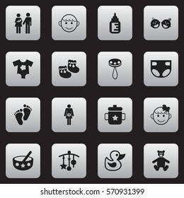 Set Of 16 Editable  Icons. Includes Symbols Such As Footmark, Rattle, Cheerful Child And More. Can Be Used For Web, Mobile, UI And Infographic Design.