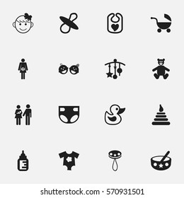 Set Of 16 Editable  Icons. Includes Symbols Such As Nappy, Twins Babies, Rattle And More. Can Be Used For Web, Mobile, UI And Infographic Design.