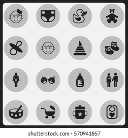 Set Of 16 Editable  Icons. Includes Symbols Such As Pinafore, Teddy, Spoon And More. Can Be Used For Web, Mobile, UI And Infographic Design.