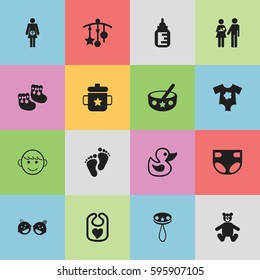 Set Of 16 Editable  Icons. Includes Symbols Such As Footmark, Merry Children, Shoes For Babies And More. Can Be Used For Web, Mobile, UI And Infographic Design.