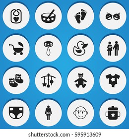Set Of 16 Editable  Icons. Includes Symbols Such As Bath Toys, Footmark, Nappy And More. Can Be Used For Web, Mobile, UI And Infographic Design.