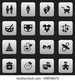 Set Of 16 Editable  Icons. Includes Symbols Such As Shoes For Babies, Cheerful Child, Pregnancy And More. Can Be Used For Web, Mobile, UI And Infographic Design.
