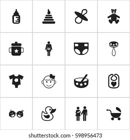 Set Of 16 Editable  Icons. Includes Symbols Such As Pinafore, Cheerful Child, Spoon And More. Can Be Used For Web, Mobile, UI And Infographic Design.