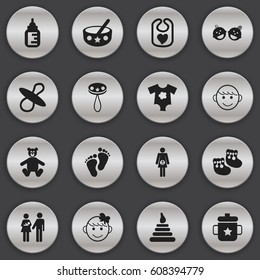Set Of 16 Editable  Icons. Includes Symbols Such As Footmark, Spoon, Twins Babies And More. Can Be Used For Web, Mobile, UI And Infographic Design.