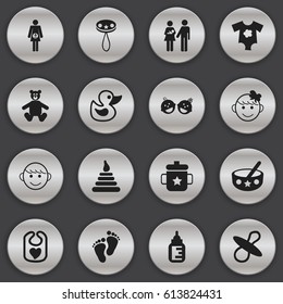 Set Of 16 Editable  Icons. Includes Symbols Such As Nursing Bottle, Soothers, Small Dresses And More. Can Be Used For Web, Mobile, UI And Infographic Design.