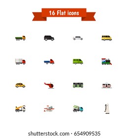 Set Of 16 Editable  Icons. Includes Symbols Such As Wagon, Truck, Hoisting Machine And More. Can Be Used For Web, Mobile, UI And Infographic Design.