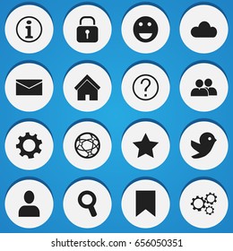 Set Of 16 Editable  Icons. Includes Symbols Such As Profile, Gear, Faq And More. Can Be Used For Web, Mobile, UI And Infographic Design.